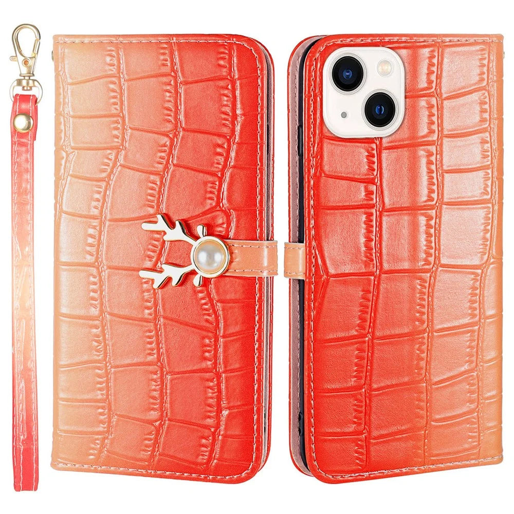 For iPhone 13 Crocodile Texture Case Gradient Color Leather Phone Cover with Strap - Red - 1