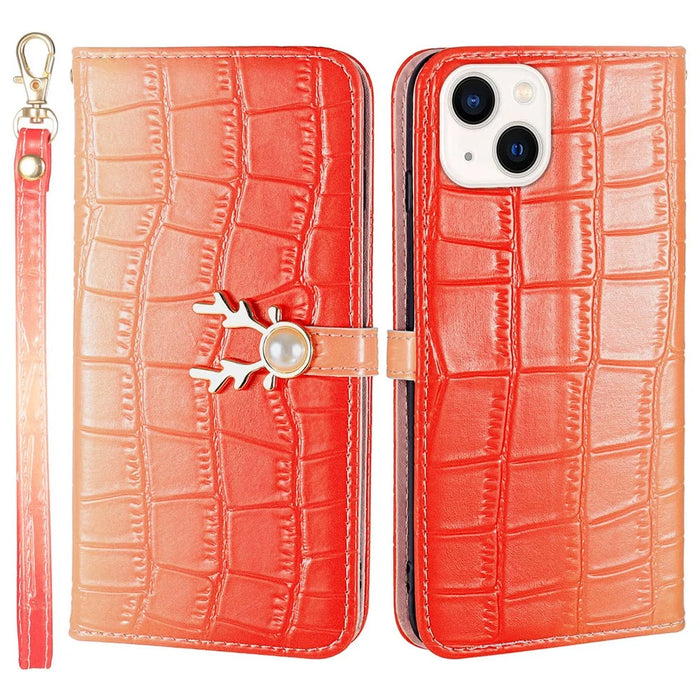 For iPhone 13 Crocodile Texture Case Gradient Color Leather Phone Cover with Strap - Red - 1