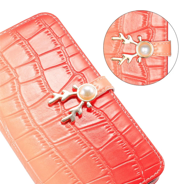 For iPhone 13 Crocodile Texture Case Gradient Color Leather Phone Cover with Strap - Red - 4