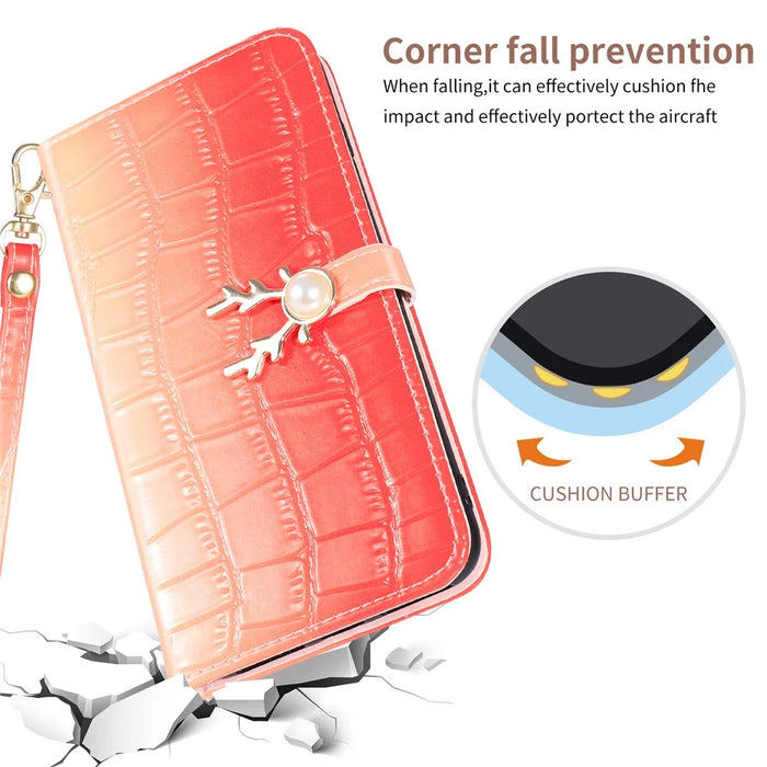 For iPhone 13 Crocodile Texture Case Gradient Color Leather Phone Cover with Strap - Red - 6