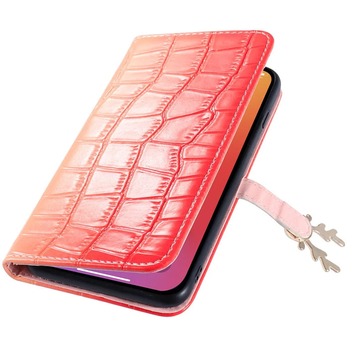 For iPhone 13 Crocodile Texture Case Gradient Color Leather Phone Cover with Strap - Red - 7