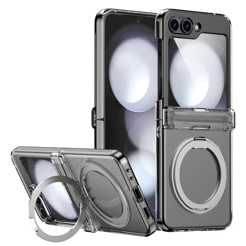 For Samsung Galaxy Z Flip5 5G Rotatable Ring Cover Hard PC Back Magnetic Phone Case - Transparent - 1