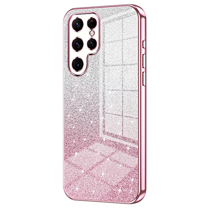 For Samsung Galaxy S22 Ultra 5G Slim Case Gradient Glitter Electroplating TPU Phone Cover - Pink - 1