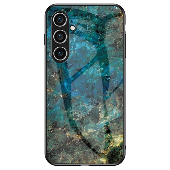 For Samsung Galaxy S24 Case Drop-proof Tempered Glass+PC+TPU Marble Pattern Printing Back Shell - Emerald Marble - 1