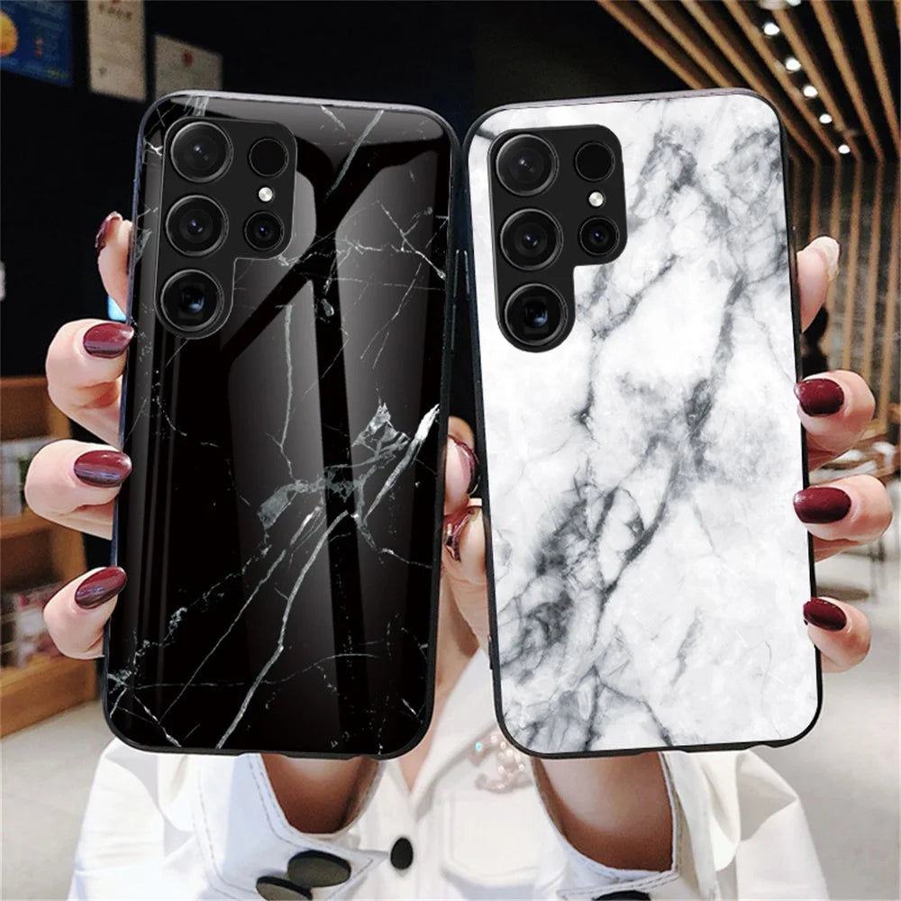 For Samsung Galaxy S24 Ultra Case Anti-dust Tempered Glass+PC+TPU Cover with Printed Marble Pattern - White Marble - 6