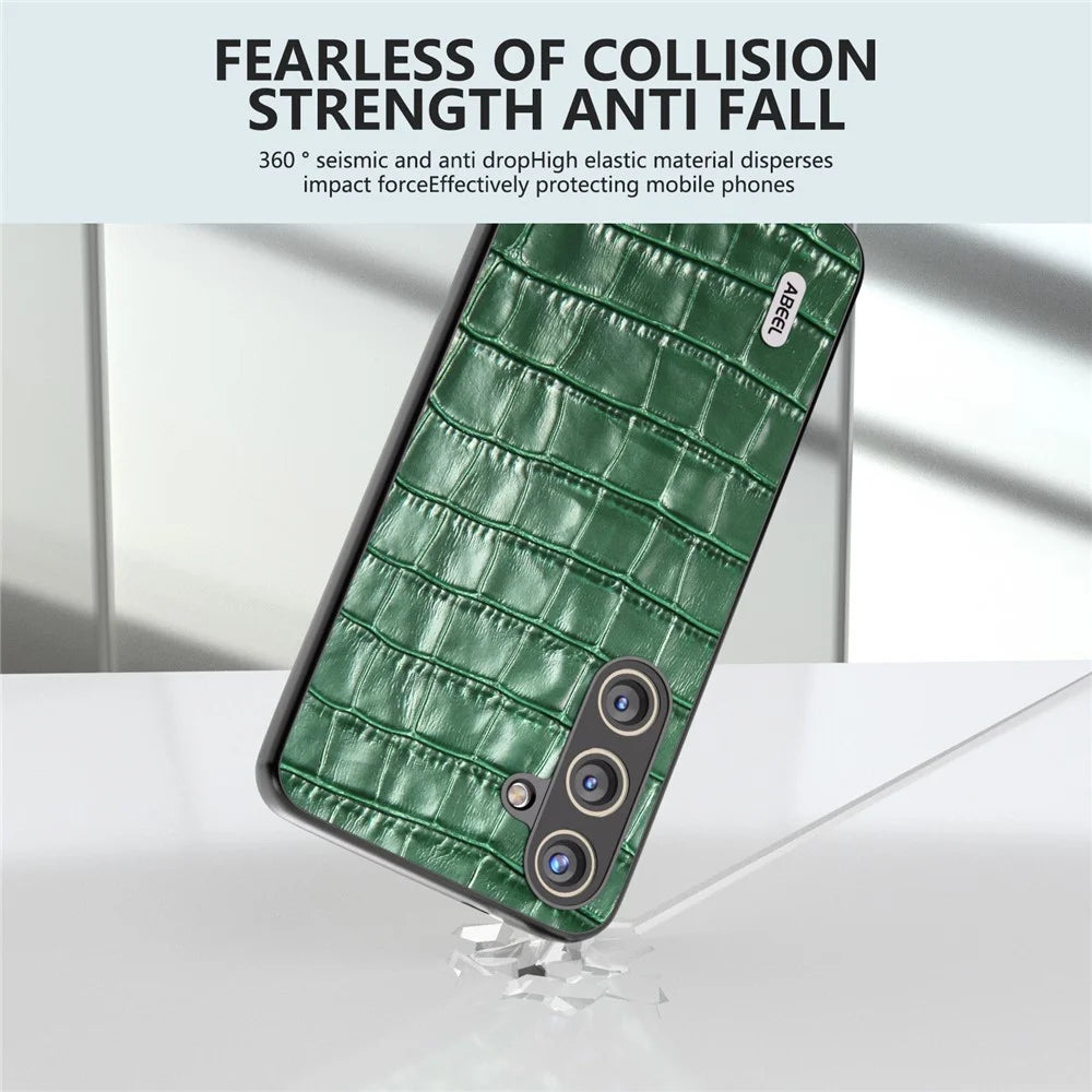 ABEEL For Samsung Galaxy S24+ Case Genuine Cow Leather Phone Cover Crocodile Texture - Green - 3