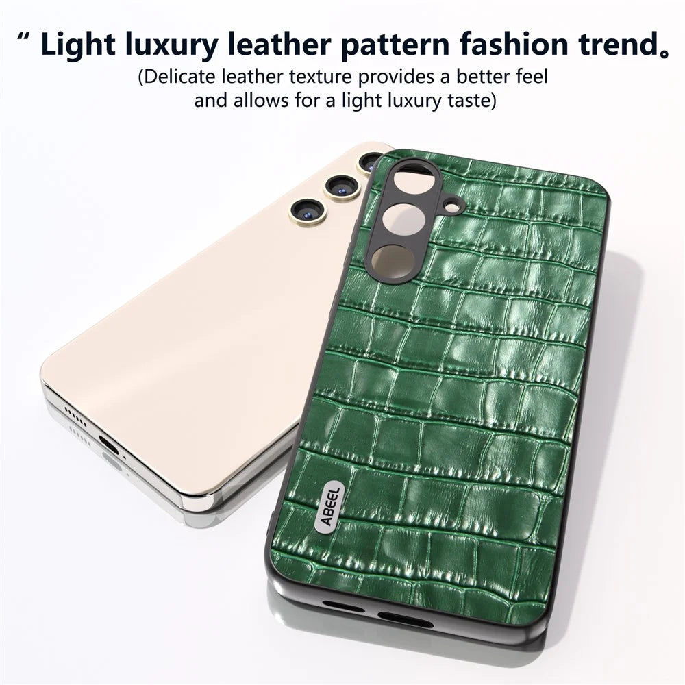 ABEEL For Samsung Galaxy S24+ Case Genuine Cow Leather Phone Cover Crocodile Texture - Green - 4
