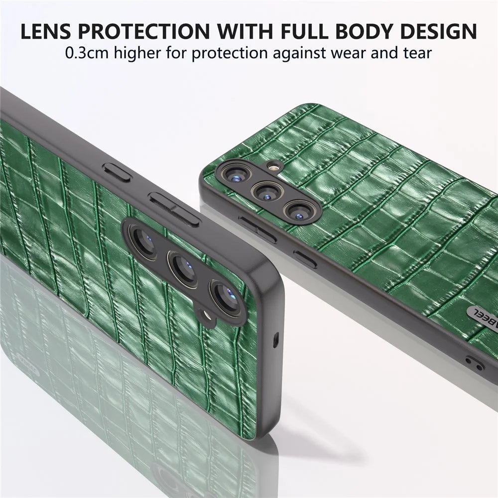 ABEEL For Samsung Galaxy S24+ Case Genuine Cow Leather Phone Cover Crocodile Texture - Green - 5