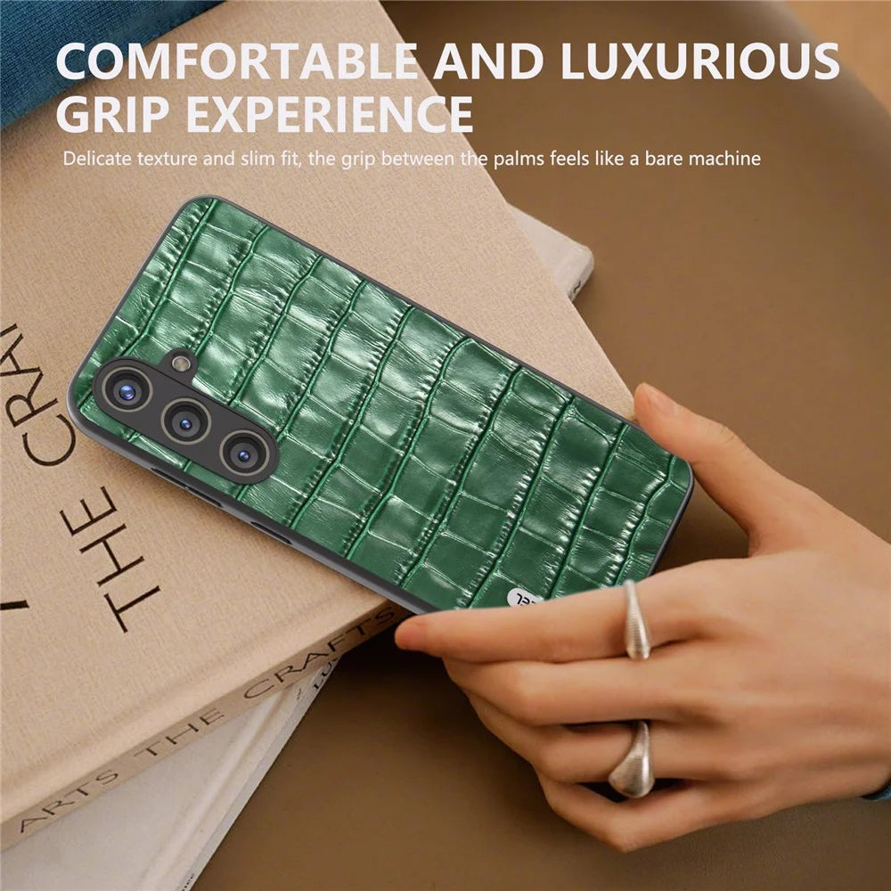 ABEEL For Samsung Galaxy S24+ Case Genuine Cow Leather Phone Cover Crocodile Texture - Green - 6
