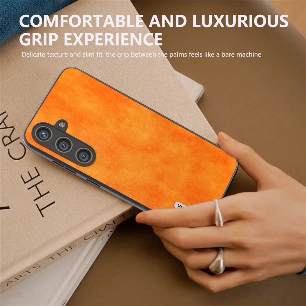 ABEEL For Samsung Galaxy S24 Litchi Texture Back Case PU Leather Coated PC+TPU Phone Cover - Orange - 6