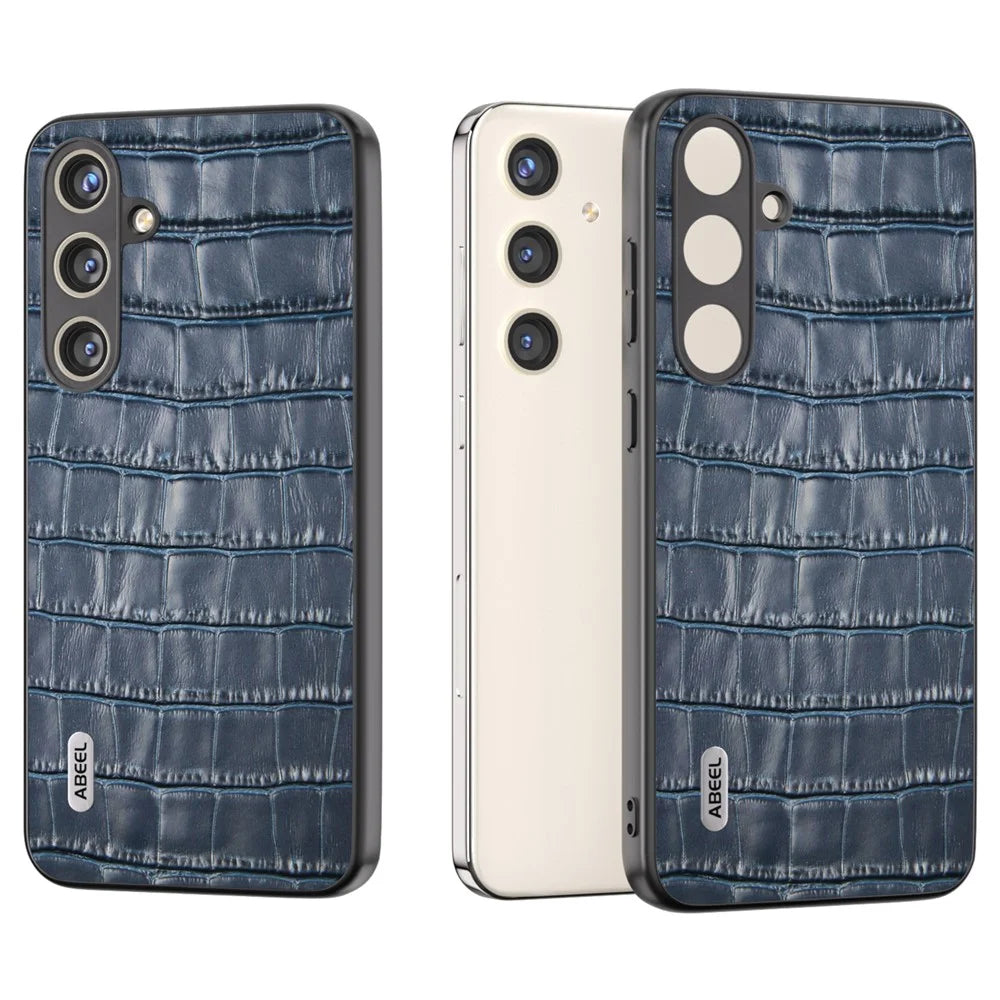ABEEL For Samsung Galaxy S24 Phone Case Crocodile Texture Genuine Cow Leather Back Cover - Blue - 2