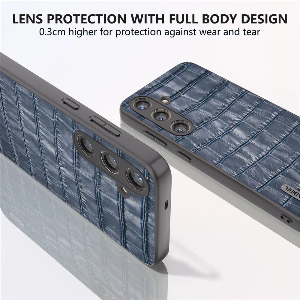 ABEEL For Samsung Galaxy S24 Phone Case Crocodile Texture Genuine Cow Leather Back Cover - Blue - 5