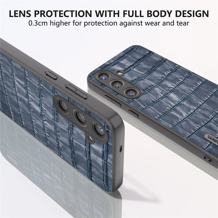 ABEEL For Samsung Galaxy S24 Phone Case Crocodile Texture Genuine Cow Leather Back Cover - Blue - 5