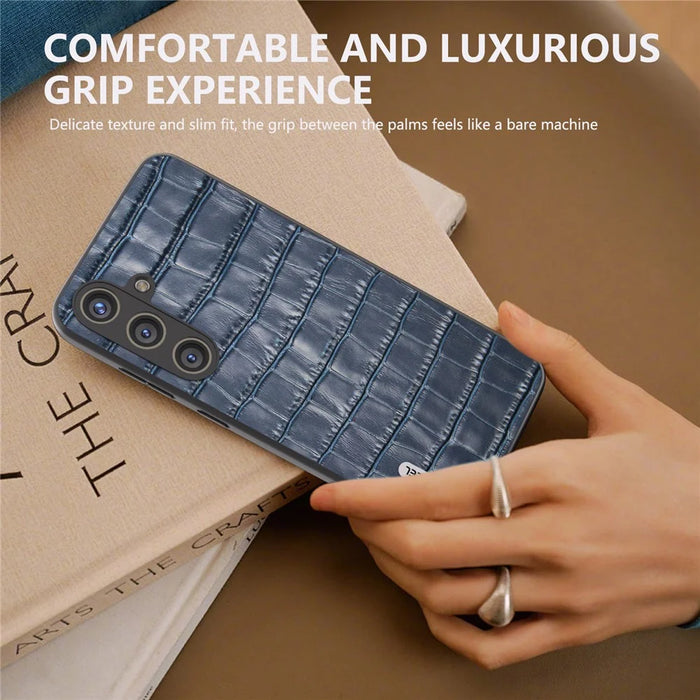 ABEEL For Samsung Galaxy S24 Phone Case Crocodile Texture Genuine Cow Leather Back Cover - Blue - 6