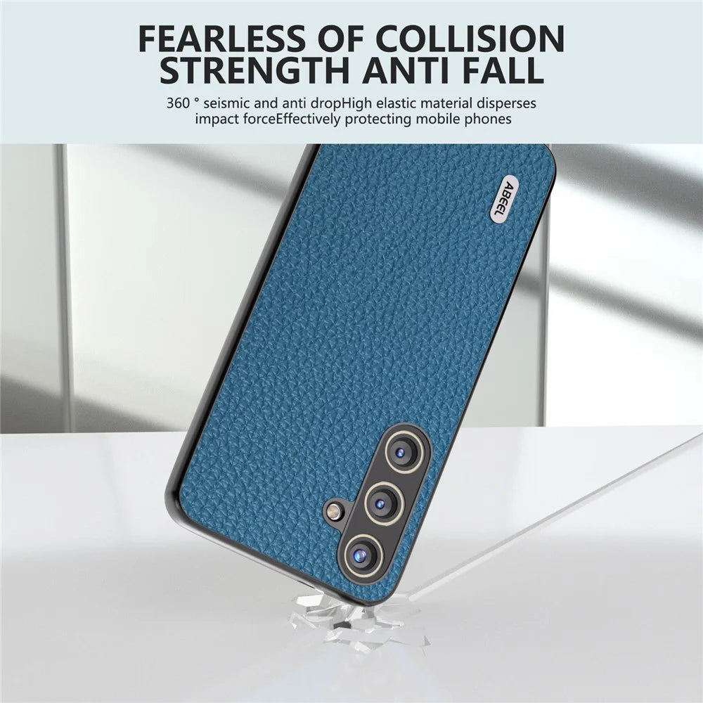 ABEEL For Samsung Galaxy S24 Cowhide Leather+PC+TPU Phone Case Litchi Texture Phone Cover - Blue - 3