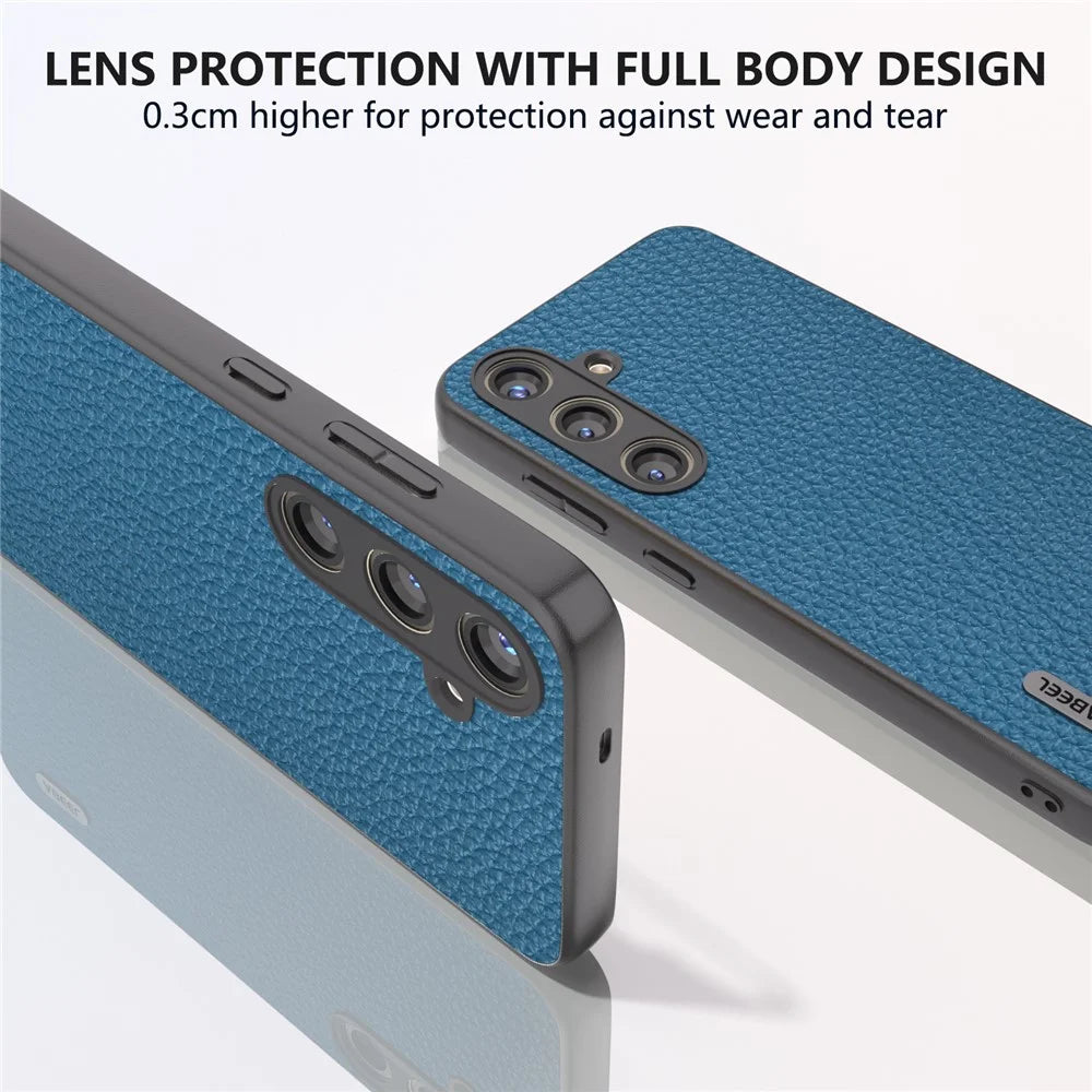 ABEEL For Samsung Galaxy S24 Cowhide Leather+PC+TPU Phone Case Litchi Texture Phone Cover - Blue - 5