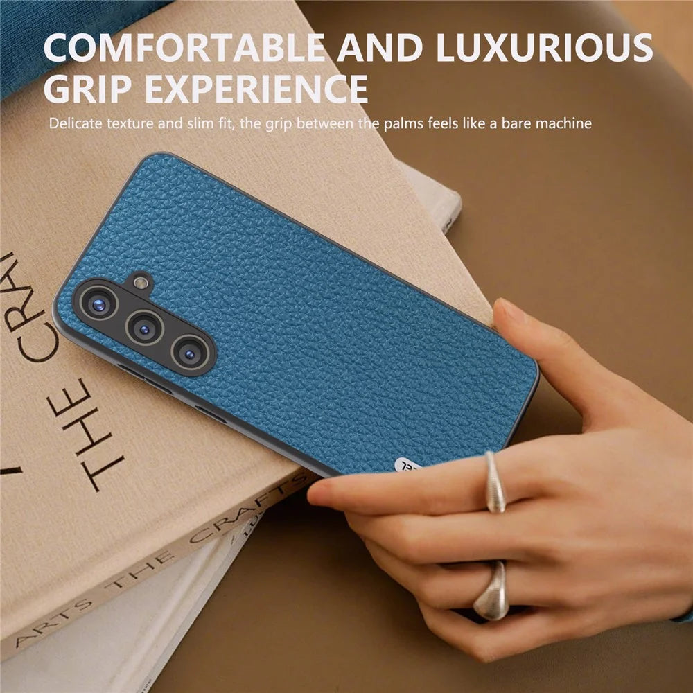 ABEEL For Samsung Galaxy S24 Cowhide Leather+PC+TPU Phone Case Litchi Texture Phone Cover - Blue - 6
