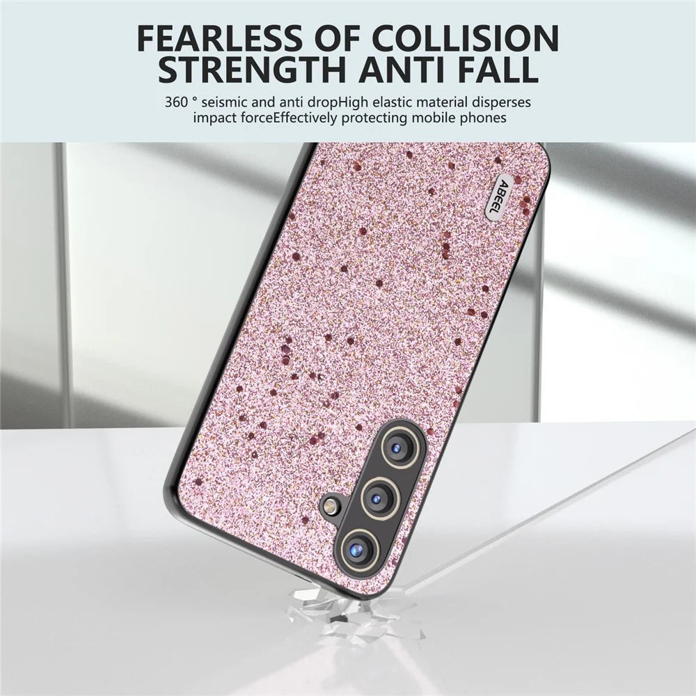 ABEEL For Samsung Galaxy S24 Phone Case Glitter PU Leather Coated TPU+PC Cover - Pink - 3
