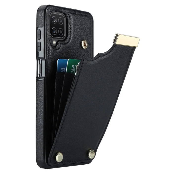 For Samsung Galaxy A12 Case Anti-fall TPU+PU Leather Phone Cover with Metal Hardware Decor - Black - 1