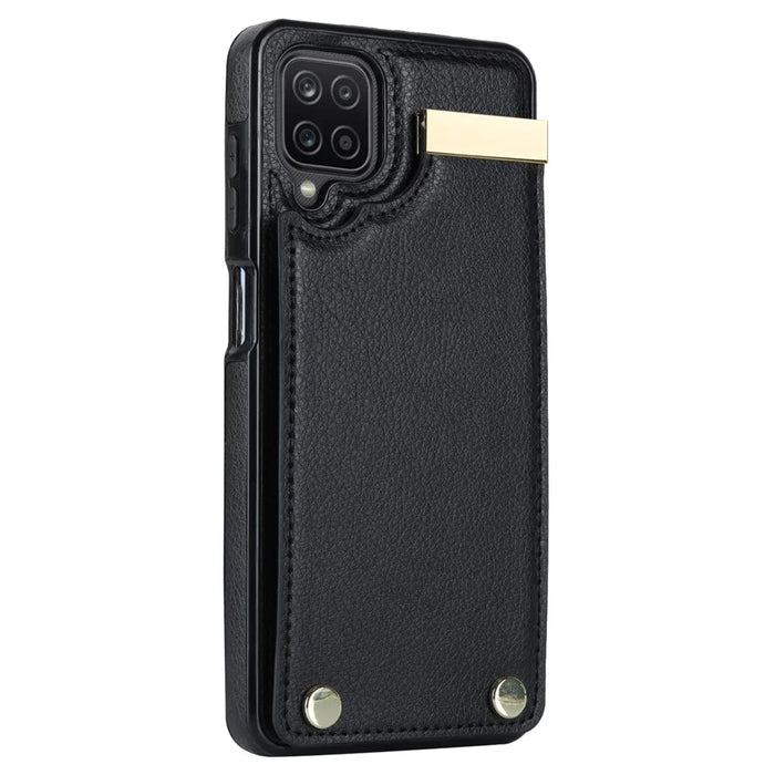 For Samsung Galaxy A12 Case Anti-fall TPU+PU Leather Phone Cover with Metal Hardware Decor - Black - 3