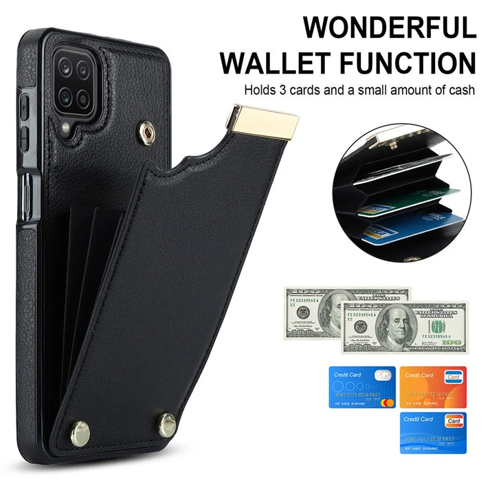 For Samsung Galaxy A12 Case Anti-fall TPU+PU Leather Phone Cover with Metal Hardware Decor - Black - 5