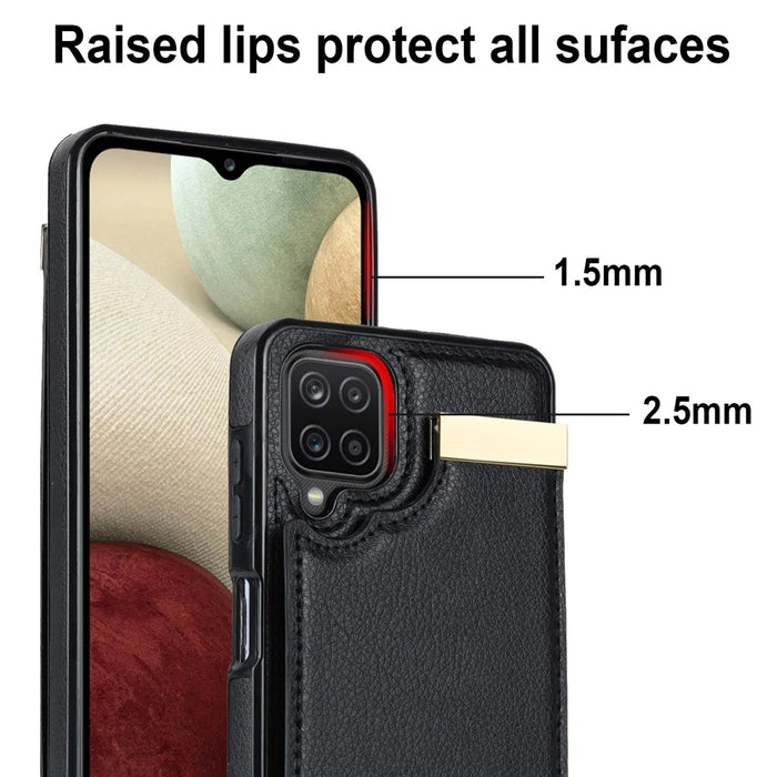 For Samsung Galaxy A12 Case Anti-fall TPU+PU Leather Phone Cover with Metal Hardware Decor - Black - 6