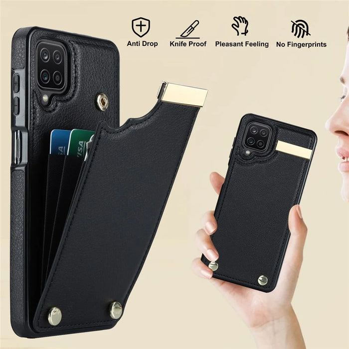 For Samsung Galaxy A12 Case Anti-fall TPU+PU Leather Phone Cover with Metal Hardware Decor - Black - 7