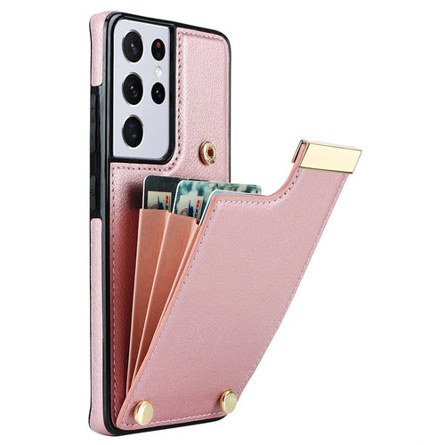 For Samsung Galaxy S21 Ultra 5G Case Shockproof TPU+PU Leather+Metal Hardware Phone Back Shell - Rose Gold - 1