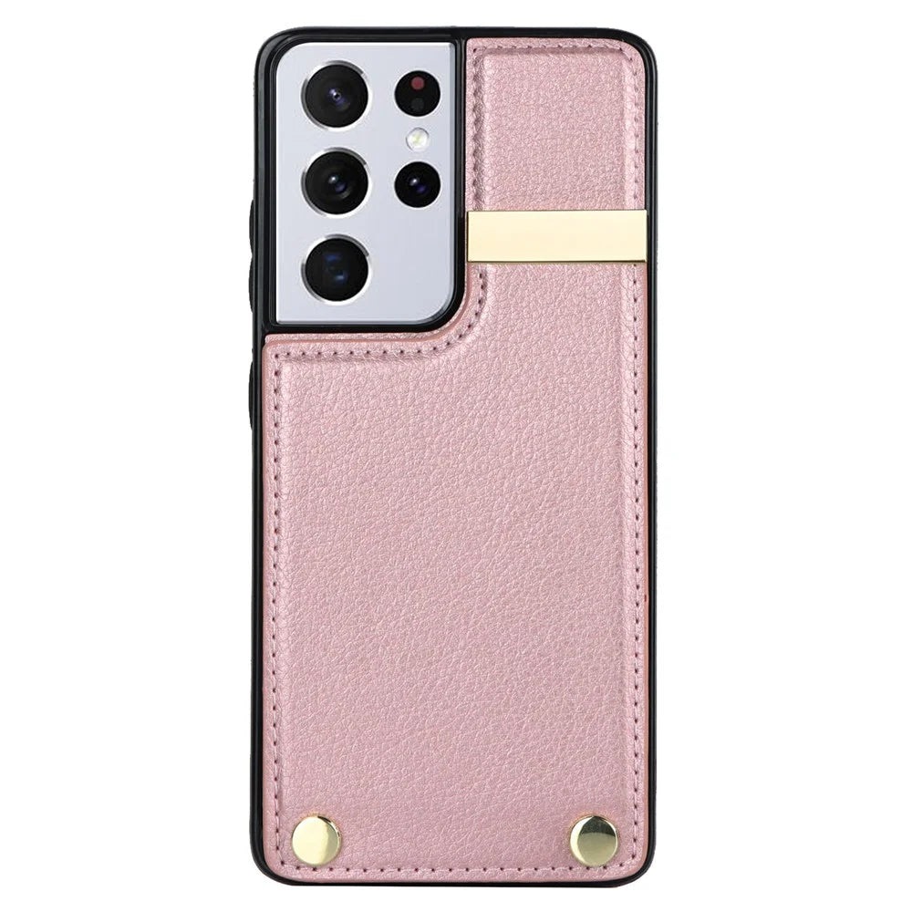 For Samsung Galaxy S21 Ultra 5G Case Shockproof TPU+PU Leather+Metal Hardware Phone Back Shell - Rose Gold - 2