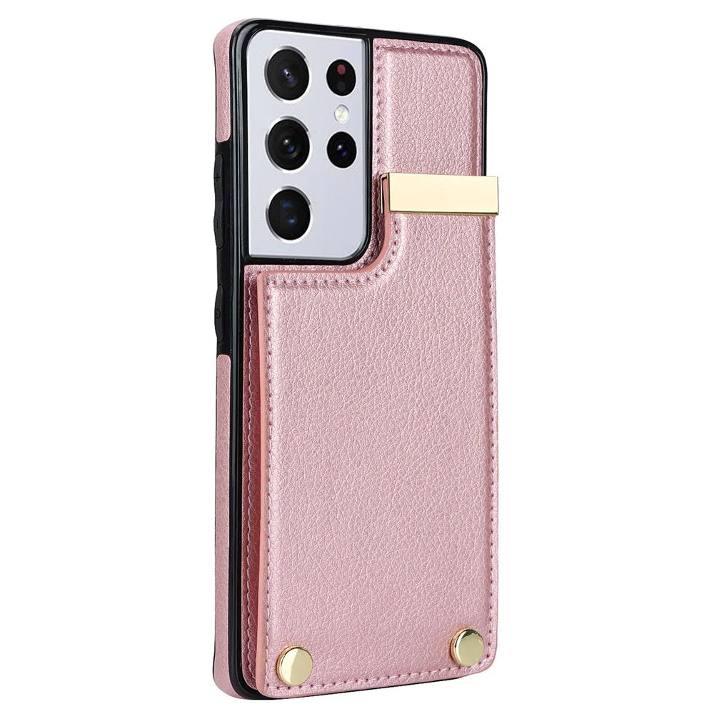 For Samsung Galaxy S21 Ultra 5G Case Shockproof TPU+PU Leather+Metal Hardware Phone Back Shell - Rose Gold - 3