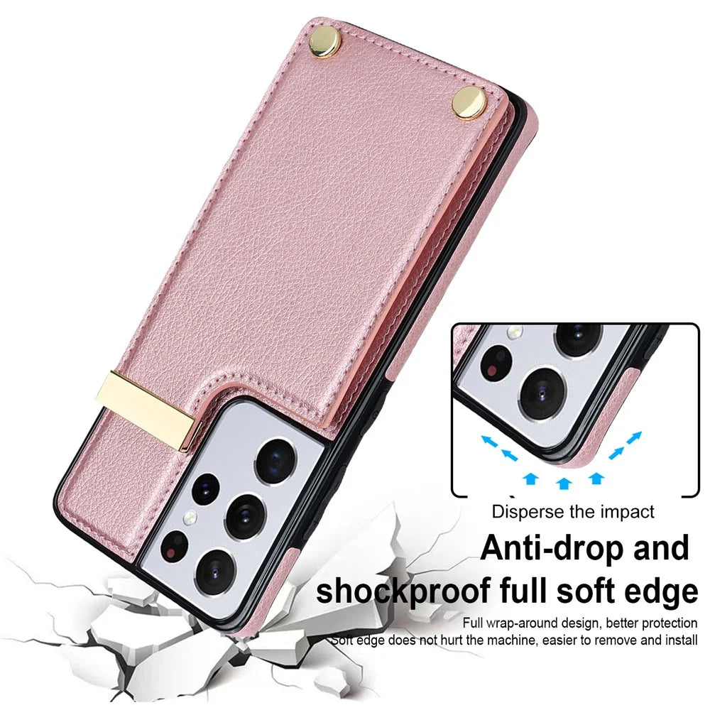 For Samsung Galaxy S21 Ultra 5G Case Shockproof TPU+PU Leather+Metal Hardware Phone Back Shell - Rose Gold - 4