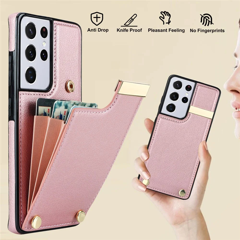 For Samsung Galaxy S21 Ultra 5G Case Shockproof TPU+PU Leather+Metal Hardware Phone Back Shell - Rose Gold - 5