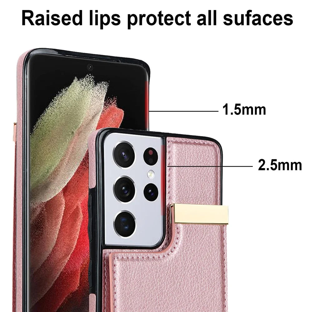 For Samsung Galaxy S21 Ultra 5G Case Shockproof TPU+PU Leather+Metal Hardware Phone Back Shell - Rose Gold - 6