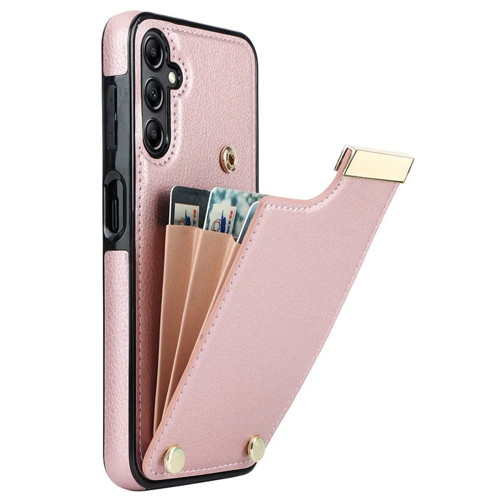 For Samsung Galaxy A54 5G Cell Phone Case Card Holder TPU+PU Leather Hardware Decor Shell - Rose Gold - 1