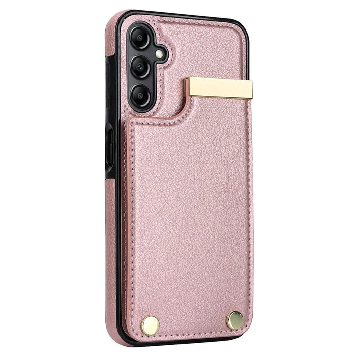 For Samsung Galaxy A54 5G Cell Phone Case Card Holder TPU+PU Leather Hardware Decor Shell - Rose Gold - 3