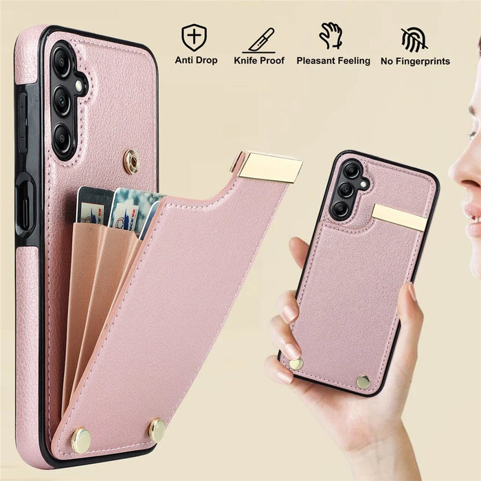 For Samsung Galaxy A54 5G Cell Phone Case Card Holder TPU+PU Leather Hardware Decor Shell - Rose Gold - 5