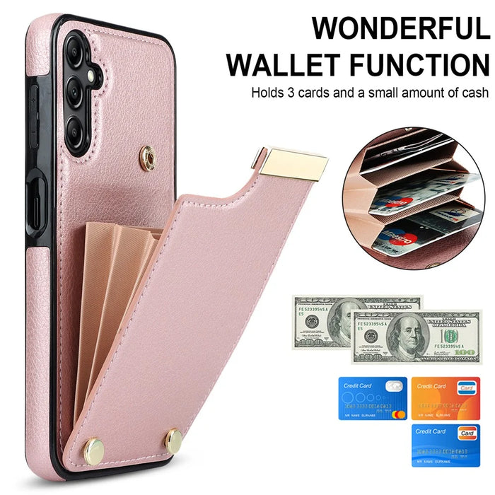 For Samsung Galaxy A14 5G / A14 4G Case Hardware Decor TPU+PU Leather Card Slots Protective Cover - Rose Gold - 7
