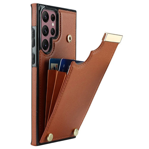 For Samsung Galaxy S22 Ultra 5G Cover Card Slots TPU+PU Leather Cell Phone Case with Metal Decor - Brown - 1
