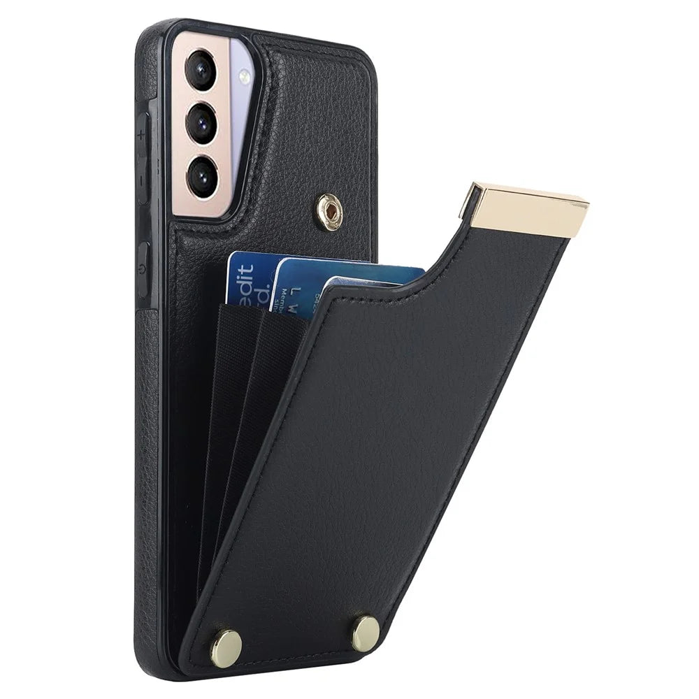 For Samsung Galaxy S21 5G / S21 4G Case Card Bag TPU+Leather Phone Back Cover with Metal Decor - Black - 1
