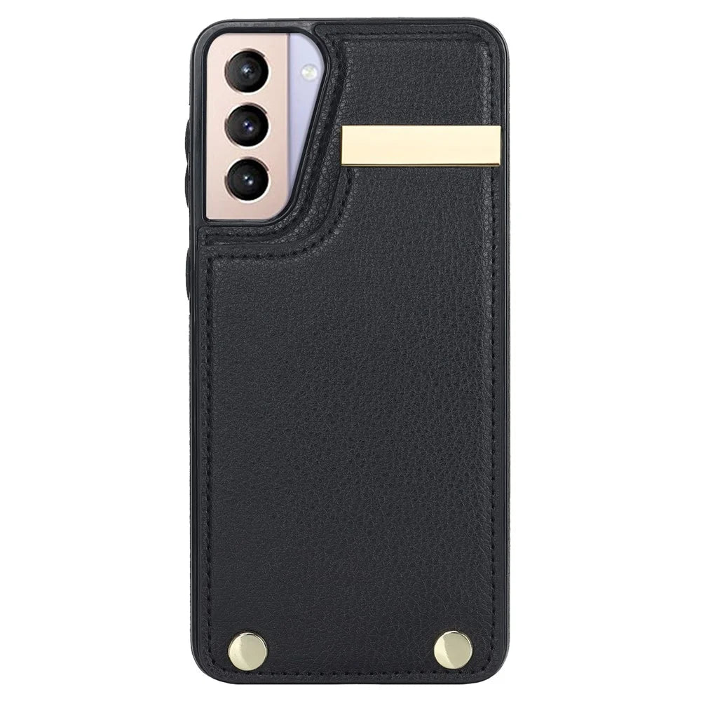 For Samsung Galaxy S21 5G / S21 4G Case Card Bag TPU+Leather Phone Back Cover with Metal Decor - Black - 2