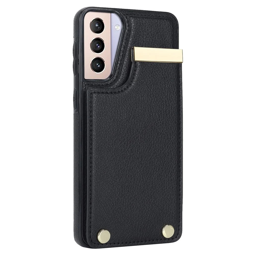 For Samsung Galaxy S21 5G / S21 4G Case Card Bag TPU+Leather Phone Back Cover with Metal Decor - Black - 3