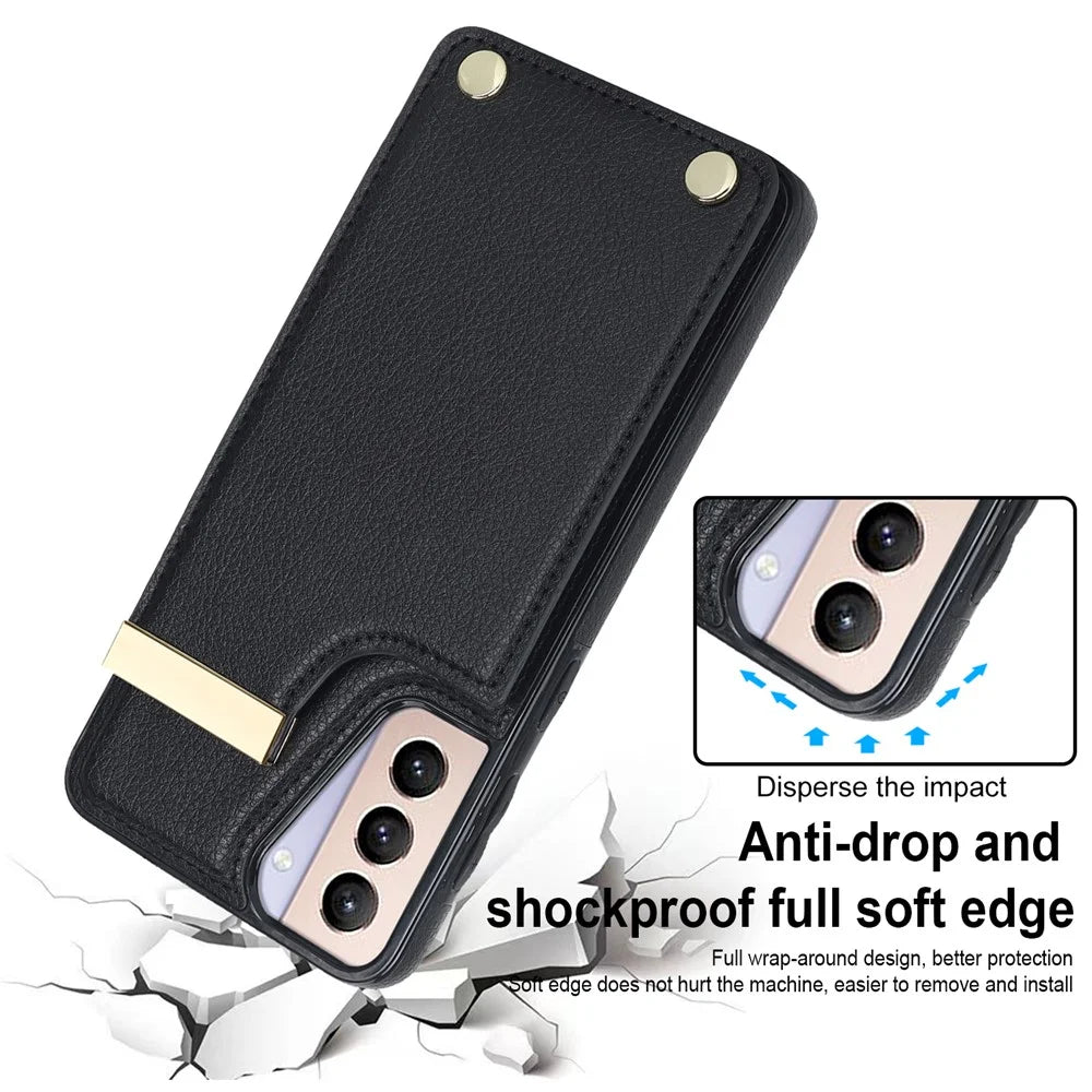 For Samsung Galaxy S21 5G / S21 4G Case Card Bag TPU+Leather Phone Back Cover with Metal Decor - Black - 4