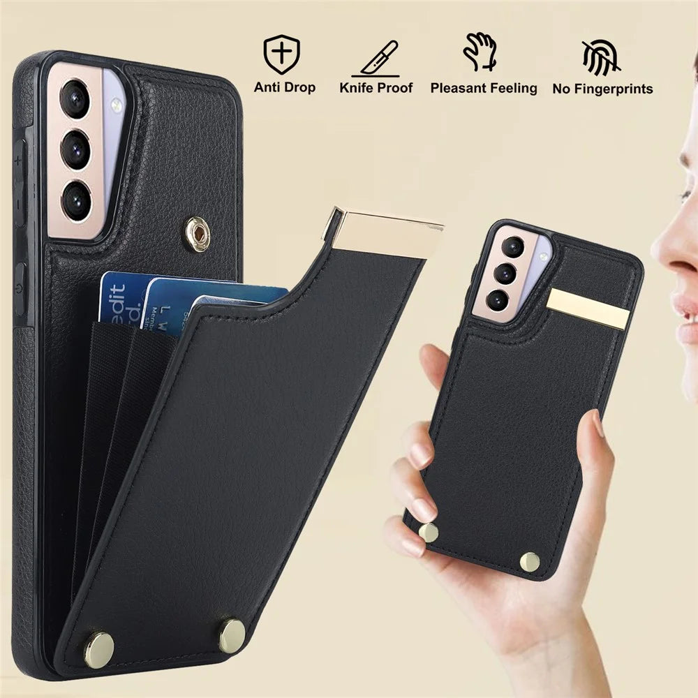For Samsung Galaxy S21 5G / S21 4G Case Card Bag TPU+Leather Phone Back Cover with Metal Decor - Black - 5