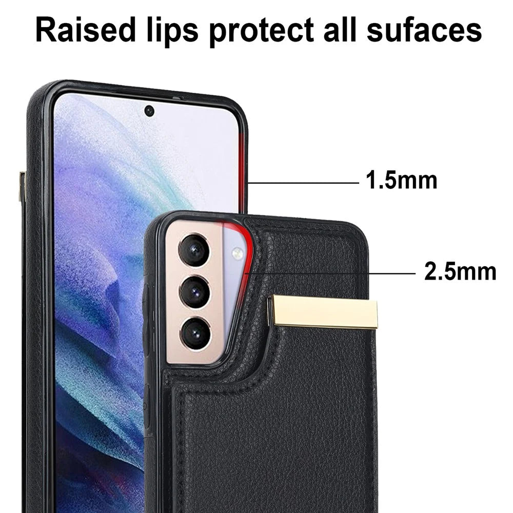 For Samsung Galaxy S21 5G / S21 4G Case Card Bag TPU+Leather Phone Back Cover with Metal Decor - Black - 6