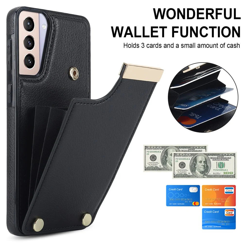 For Samsung Galaxy S21 5G / S21 4G Case Card Bag TPU+Leather Phone Back Cover with Metal Decor - Black - 7