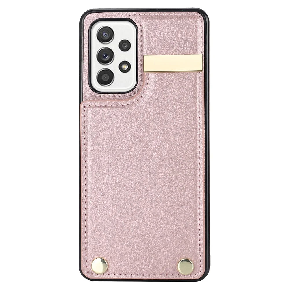 For Samsung Galaxy A52 4G / A52 5G / A52s 5G Case TPU+Leather Metal Decor Phone Cover with Card Holder - Rose Gold - 2