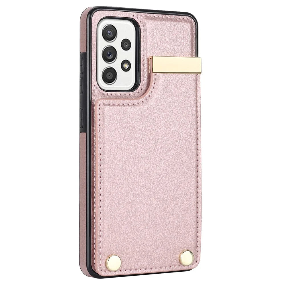For Samsung Galaxy A52 4G / A52 5G / A52s 5G Case TPU+Leather Metal Decor Phone Cover with Card Holder - Rose Gold - 3