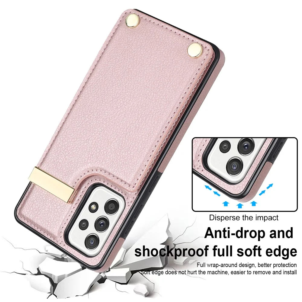 For Samsung Galaxy A52 4G / A52 5G / A52s 5G Case TPU+Leather Metal Decor Phone Cover with Card Holder - Rose Gold - 4