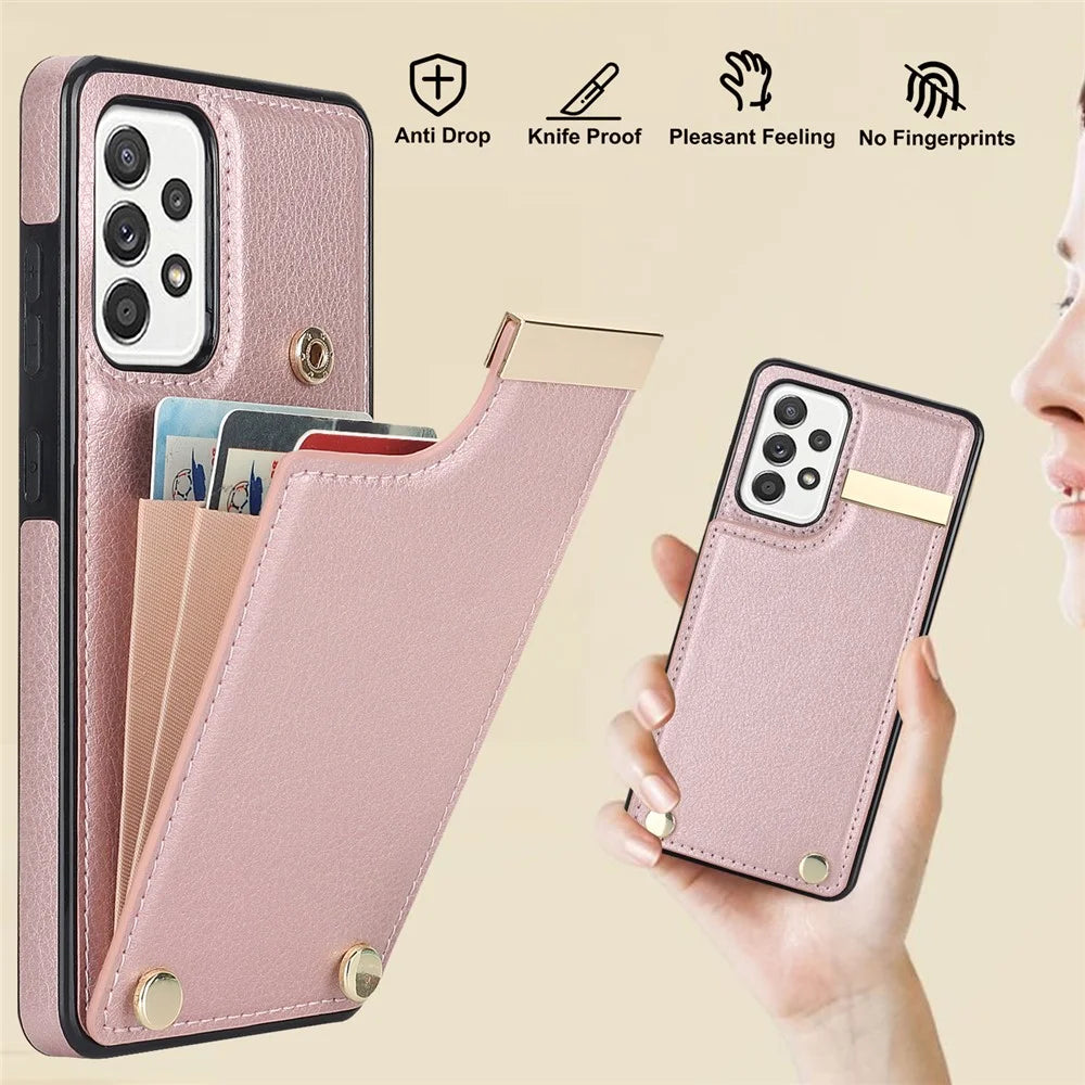 For Samsung Galaxy A52 4G / A52 5G / A52s 5G Case TPU+Leather Metal Decor Phone Cover with Card Holder - Rose Gold - 5