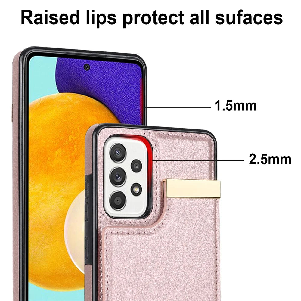 For Samsung Galaxy A52 4G / A52 5G / A52s 5G Case TPU+Leather Metal Decor Phone Cover with Card Holder - Rose Gold - 6